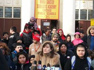 Members of the Saucedo Elementary School community at a press conference last week.